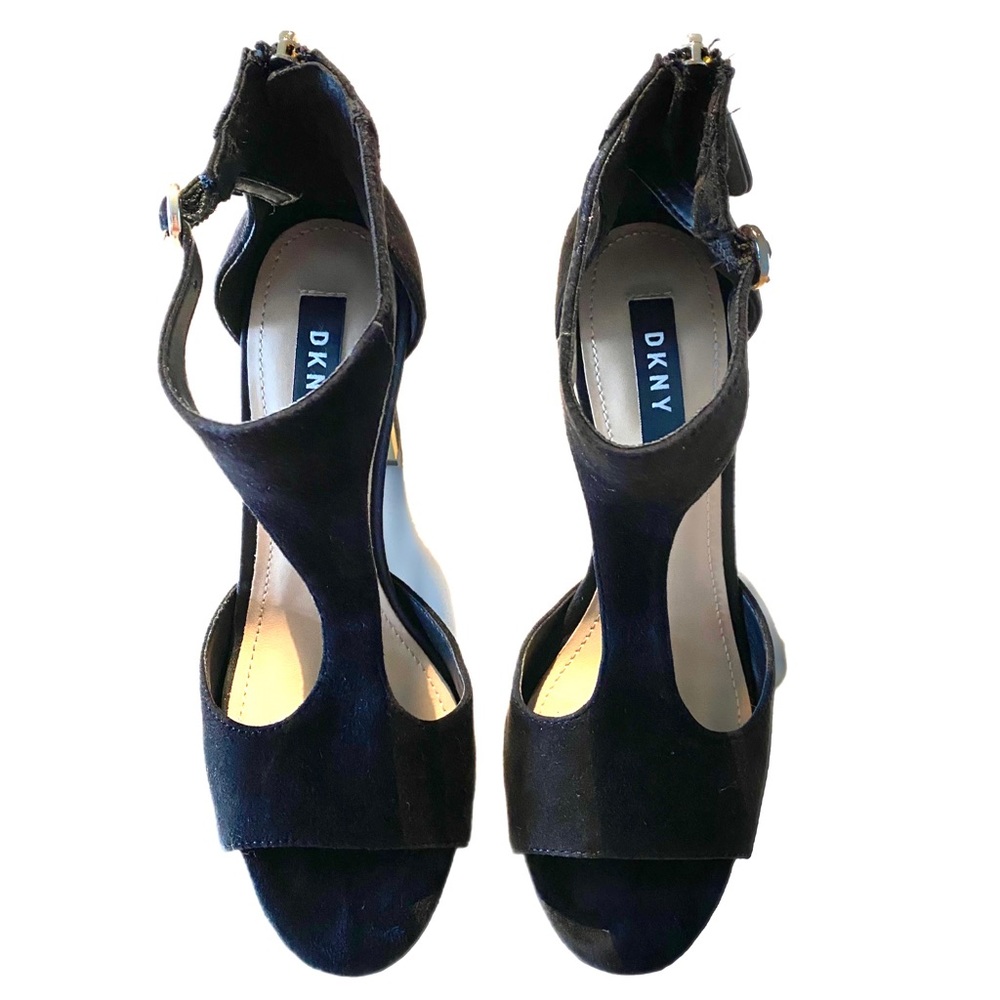 DKNY Black Suede High Heels Sandals, Buckle closure at Ankles, size 7